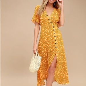 Lulus After-Bloom Delight Golden Yellow Floral Print Midi Dress NWT